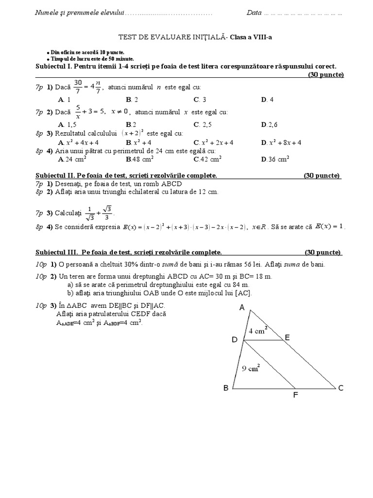 CLS. 8 - TEST EV. INITIALA - 6 Variante | PDF