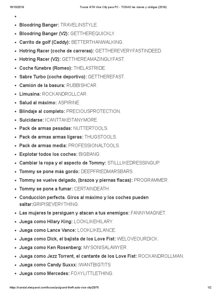 Trucos GTA Vice City para PC TODAS Las Claves y Códigos (2019) PDF