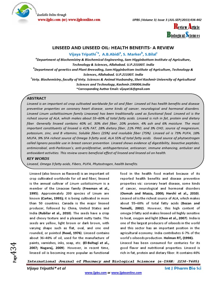 Linseed and Linseed Oil Health BenefitsA Review Vijaya Tripathi, A.B