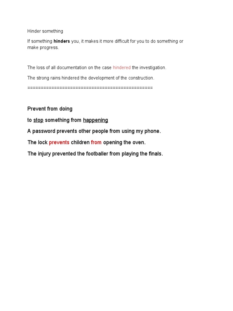 Hinder Something Vs Prevent From Doing Something | PDF