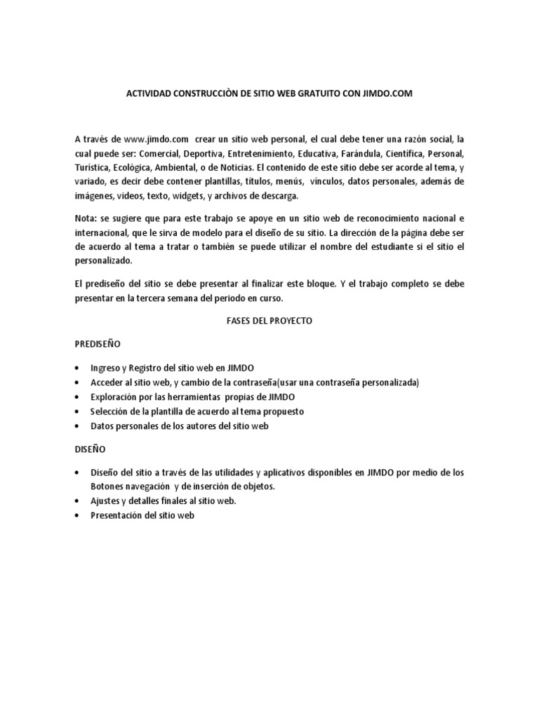 Actividad Construcciòn de Sitio Web Gratuito Con Jimdo PDF | PDF