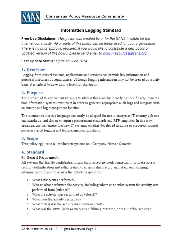 Information Logging Standard: 1. Overview | PDF | Databases | Database ...