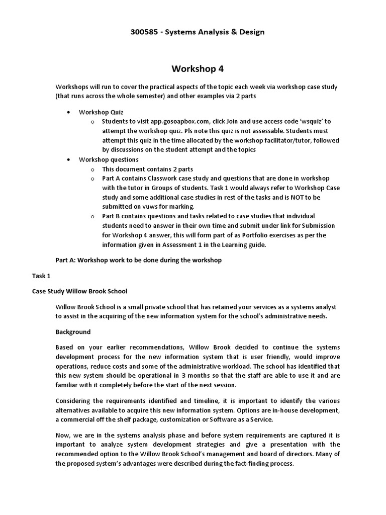 Systems Analysis and Design - Workshop 4 Questions | PDF | Technical ...