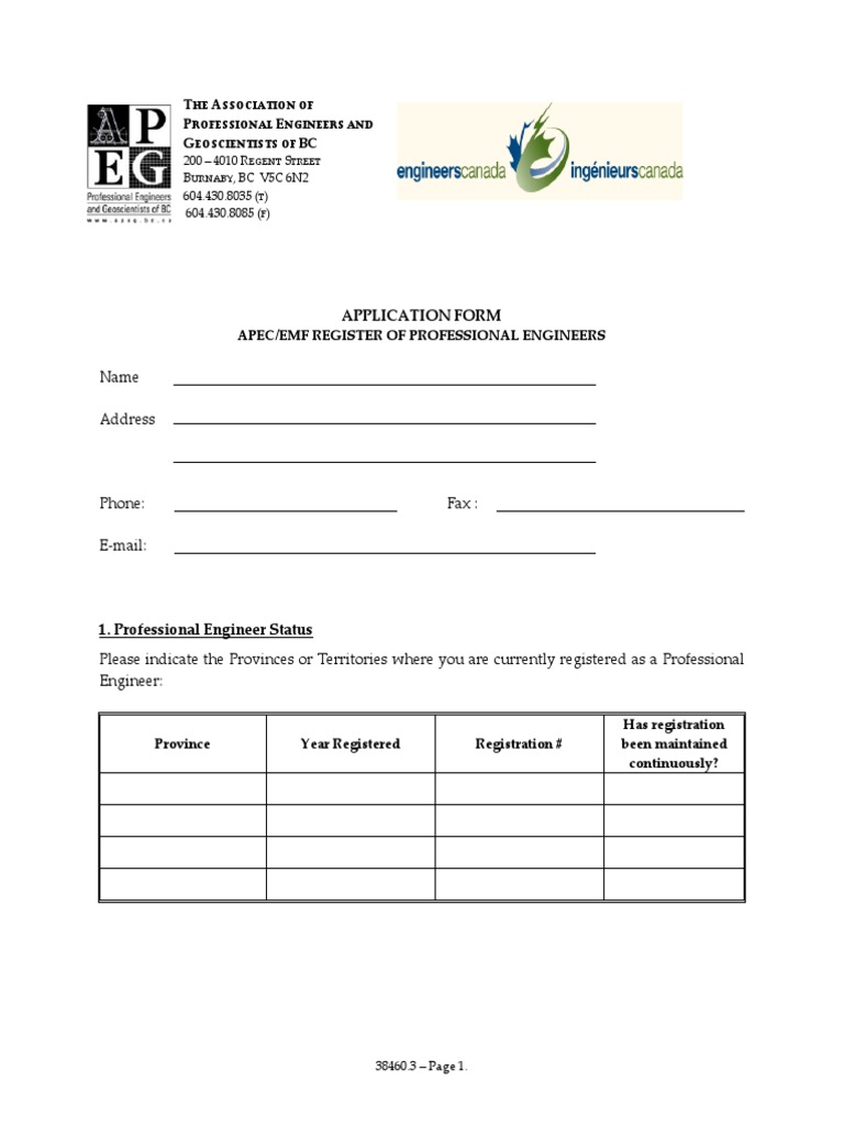 APEGBC APEC EMF Application Form | PDF | Engineer | Visa Inc.