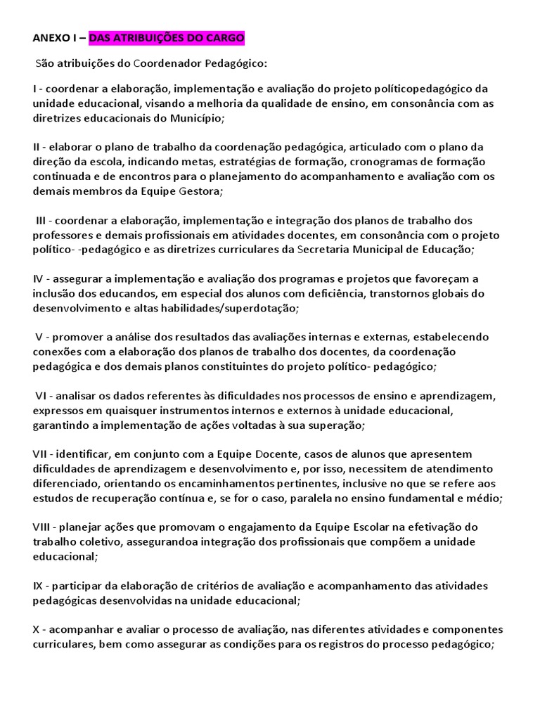 Atribuições do Coordenador Pedagógico | PDF | Pedagogia | São Paulo