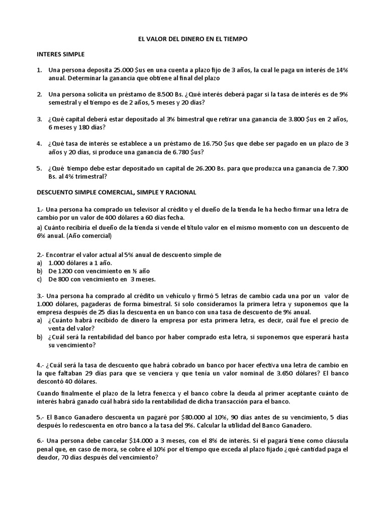 Ejercicios Propuesto - El Valor Del Dinero en El Tiempo | PDF | Interés ...
