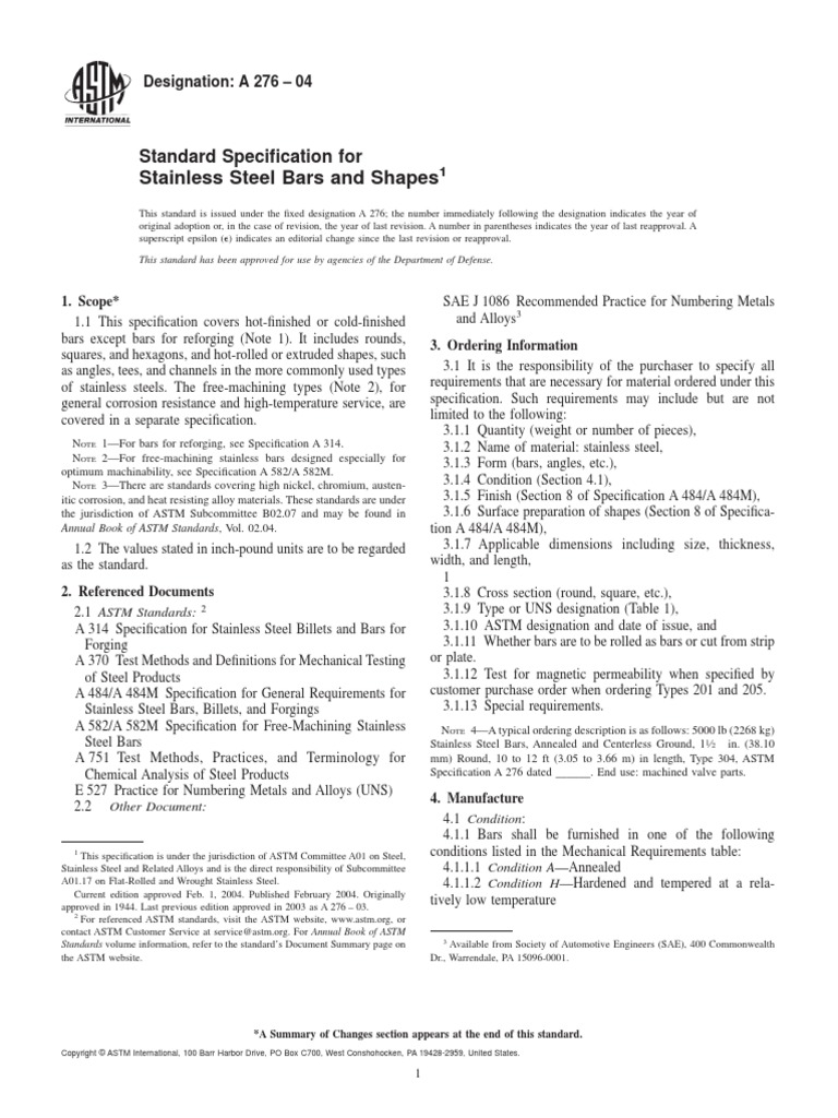 Astm A276 | PDF | Stainless Steel | Steel