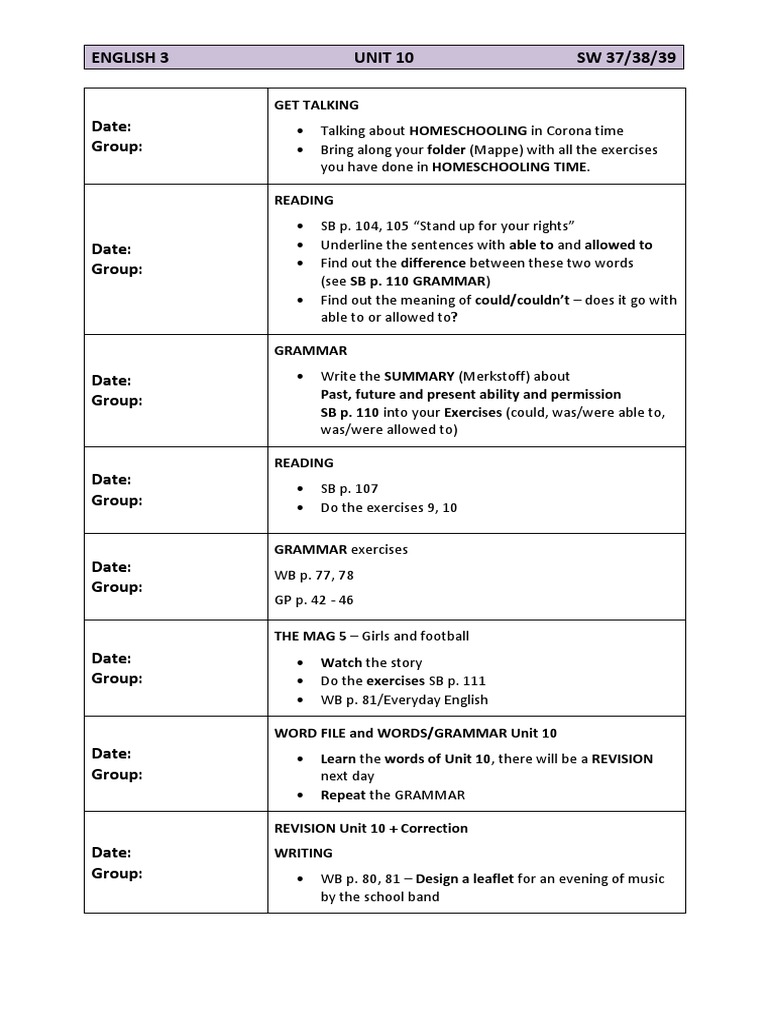 Wochenplan Schule Sw 37 38