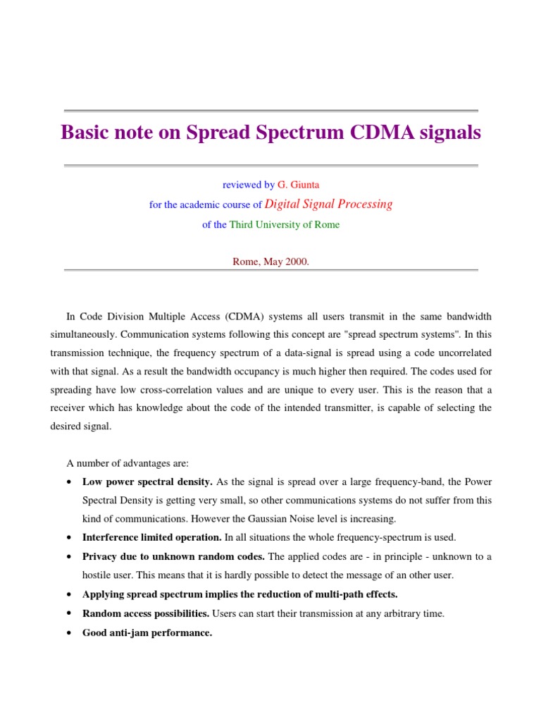 Basic Note On Spread Spectrum CDMA Signals: Digital Signal Processing ...
