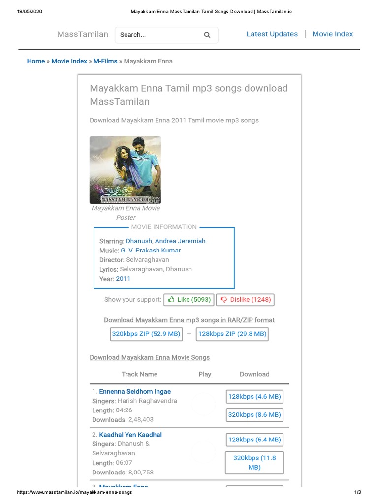 Mayakkam Enna Masstamilan Tamil Songs Download Masstamilan Io Indian Films Cinema Of India