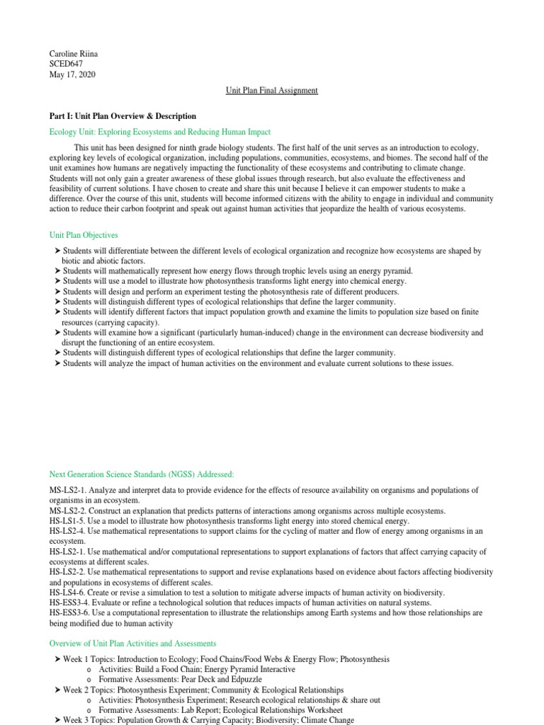 Riina Unit Plan Assignment-Merged | PDF | Food Web | Ecology