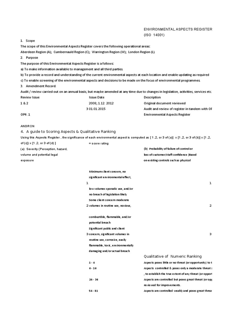 ISO 14001 Environmental Aspects Register | PDF | Waste Management | Waste