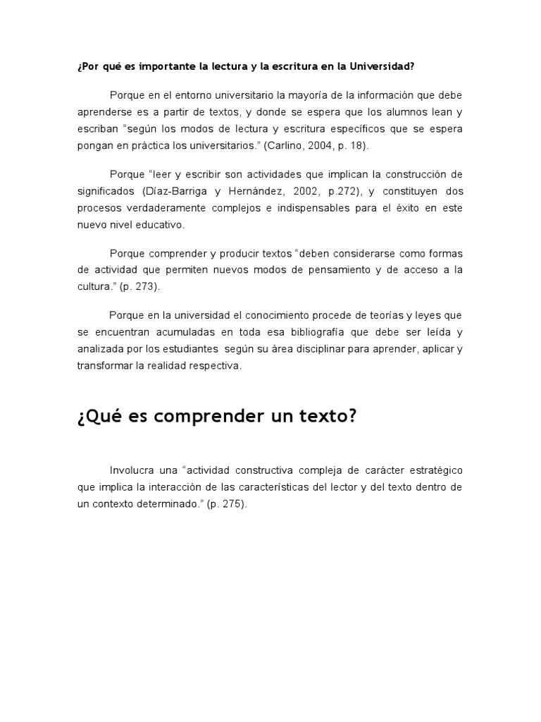 Importancia de La Lectura y Escritura en La Universidad | PDF ...