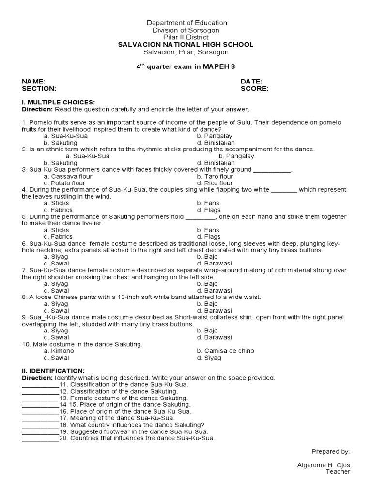 Grd. 8 Mapeh 4TH Quarter Exam PDF Clothing Softlines (Retail)