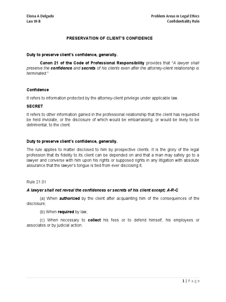 Preservation of Client'S Confidence | PDF | Attorney–Client Privilege ...
