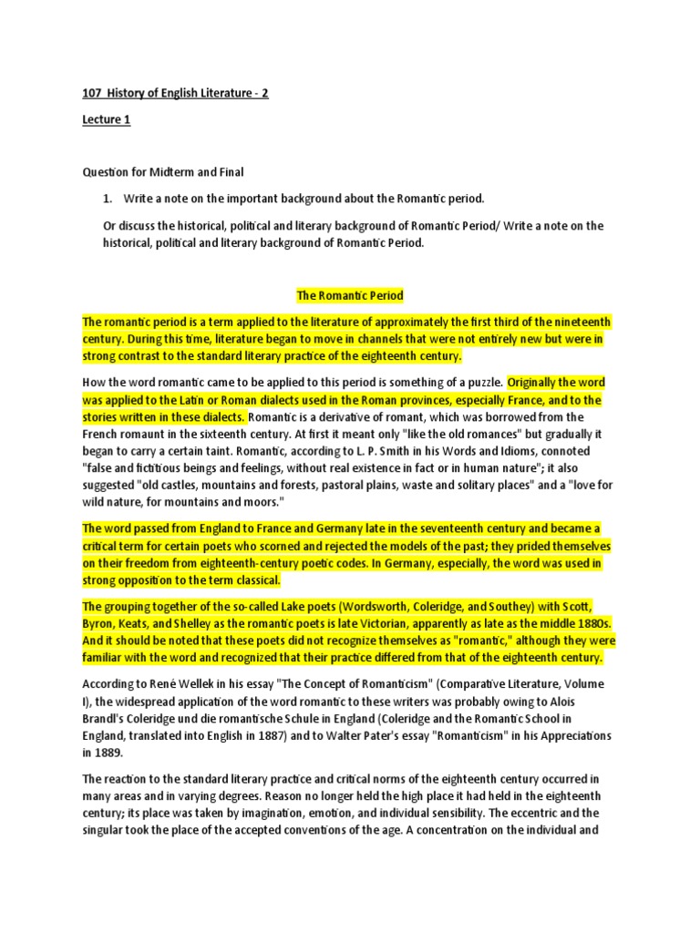 107 History Of English Literature Romanticism John Keats