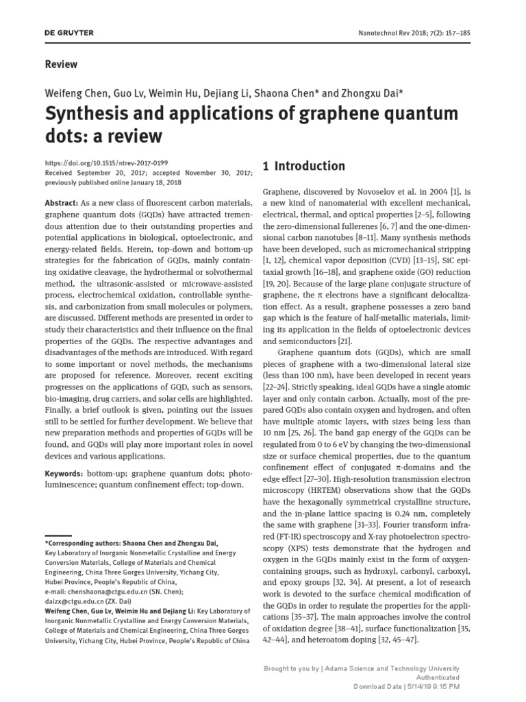 Synthesis and Applications of Graphene Quantum Dots A Review | PDF ...