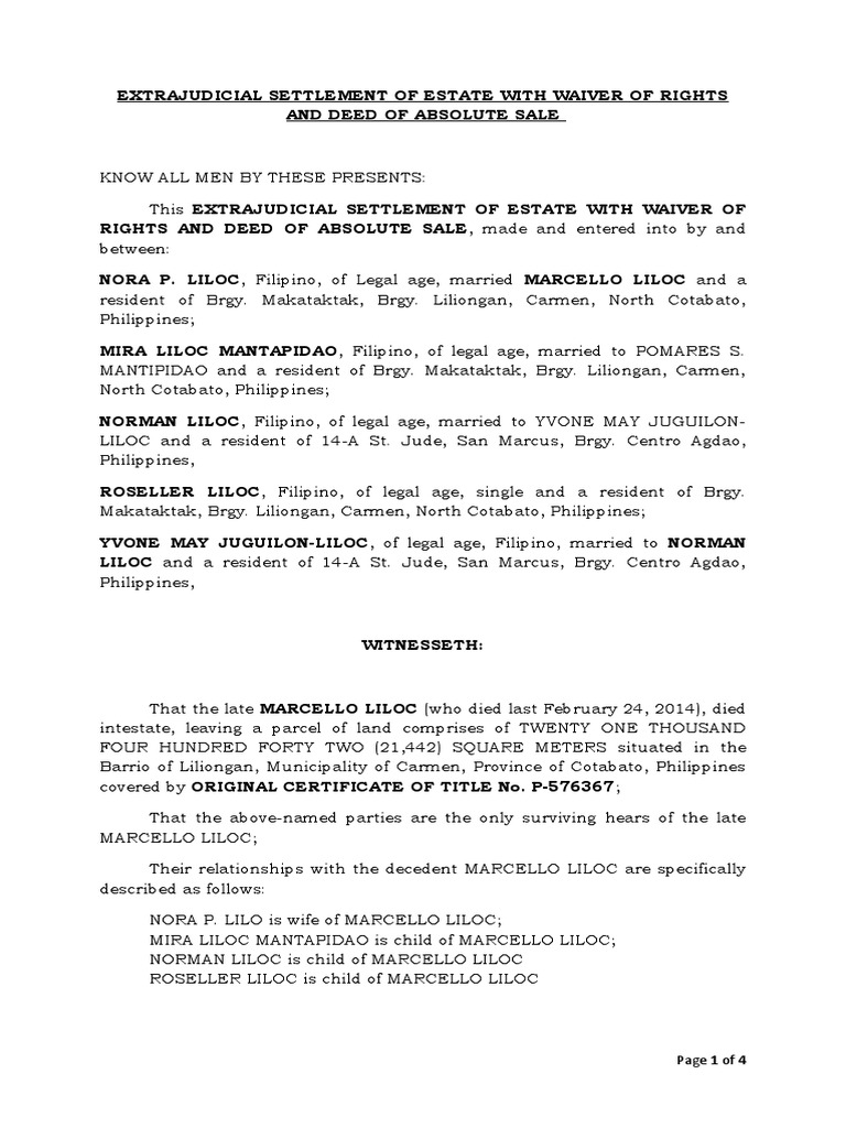 Extrajudicial Settlement of Estate With Waiver of Rights and Deed of