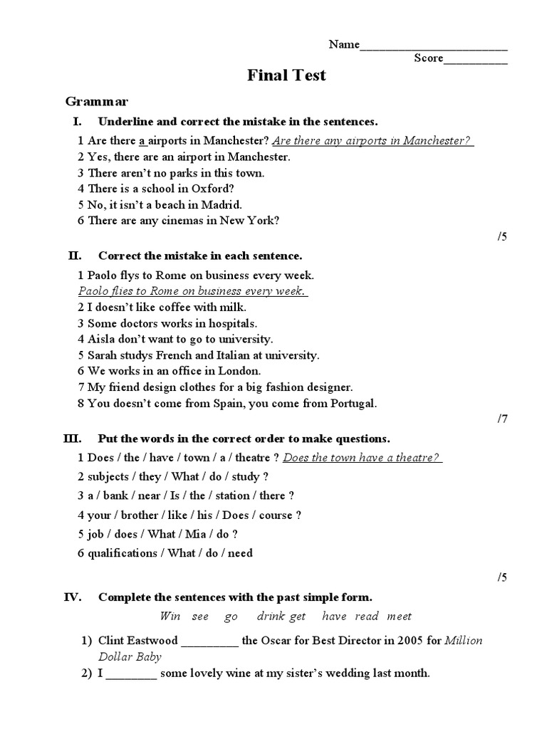 Final Test for Elementary Students | PDF | Foods | Cuisine