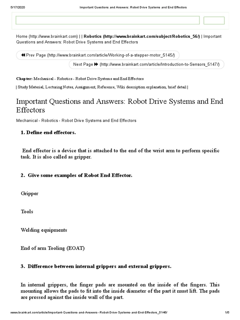 Important Questions and Answers - Robot Drive Systems and End Effectors ...