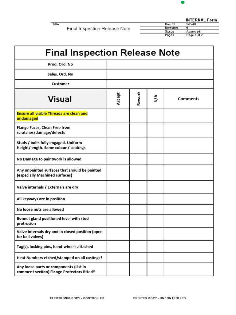 Final Inspection Release Note | PDF | Valve | Engineering Tolerance