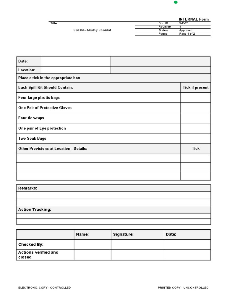 Title Spill Kit Monthly Checklist Doc ID Revision Status Pages