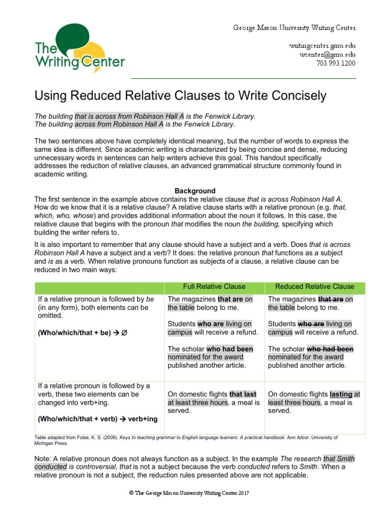 Writing Center: Using Reduced Relative Clauses To Write Concisely | PDF ...