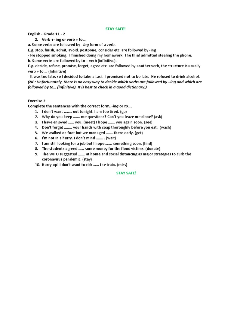 English - Grade 11 - 2 2. Verb + - Ing or Verb + To A. Some Verbs Are ...