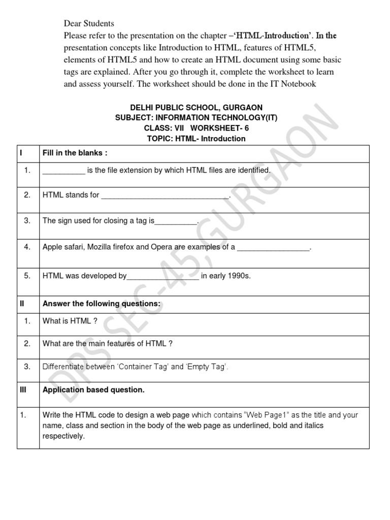 Worksheet-6 HTML Introduction Part-1 | PDF