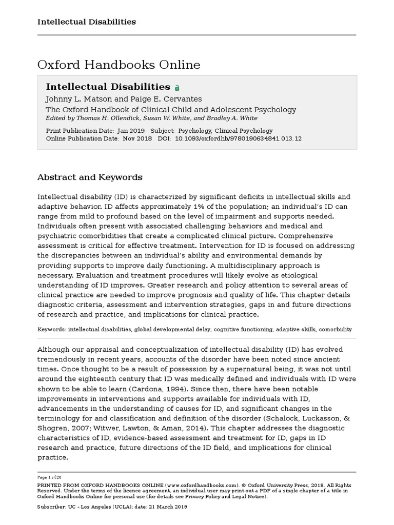 Oxford Handbooks Online Intellectual Disabilities PDF Intellectual Disability Attention