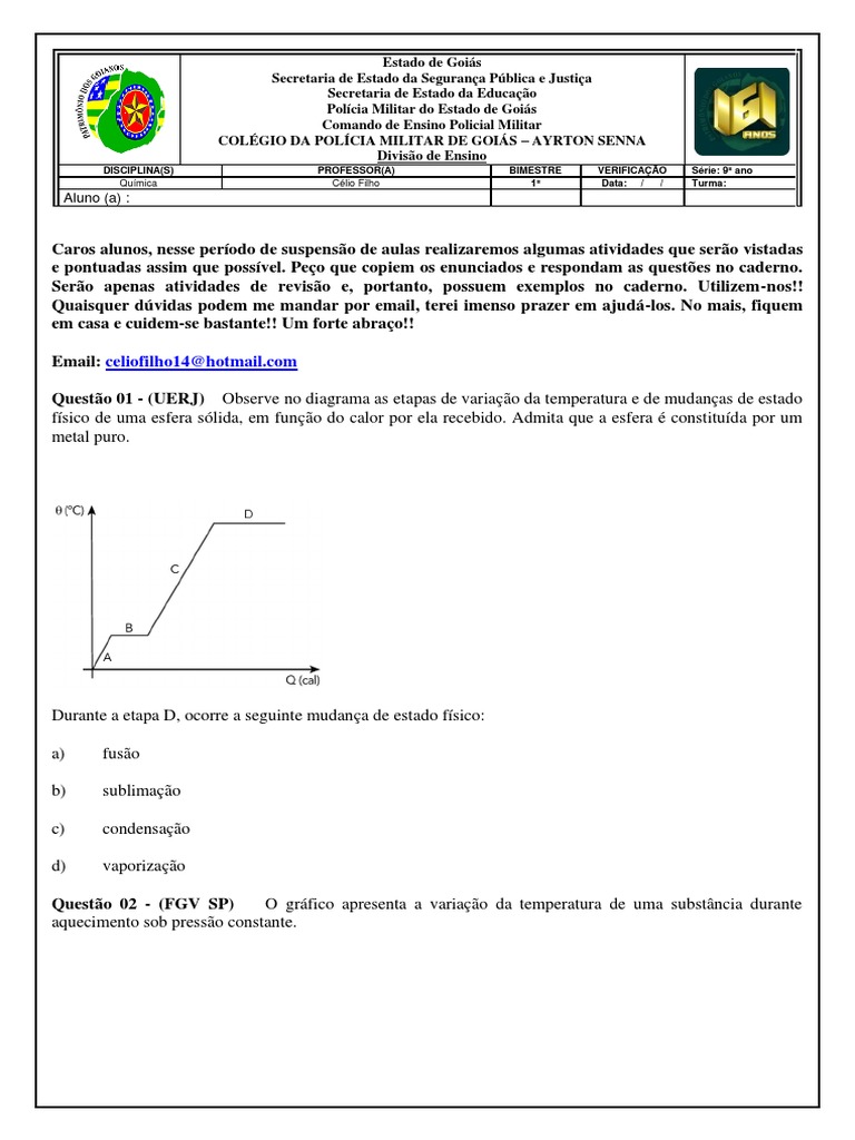 Atividade 01 Estados Físicos - 9º Ano | PDF | Celsius | Fases da Matéria
