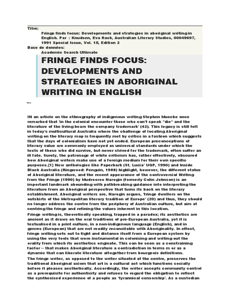 Fringe Finds Focus - Developments and Strategies in Aboriginal Writing ...