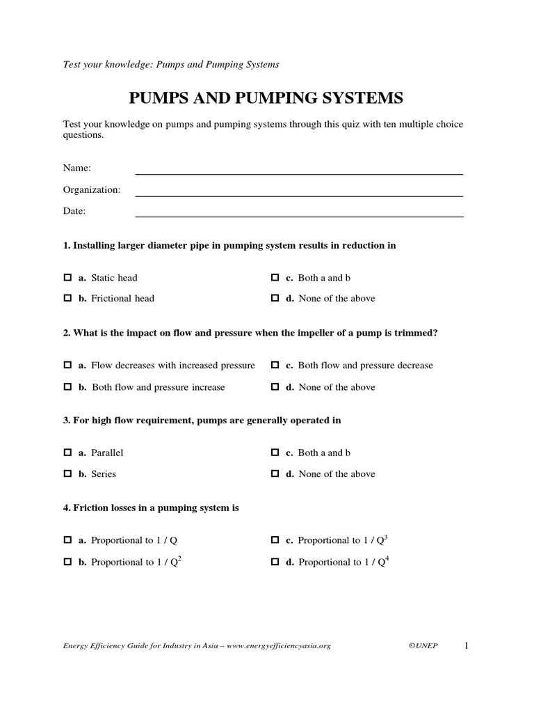 Quiz - Pumps and Pumping Systems | PDF | Pump | Chemical Equipment