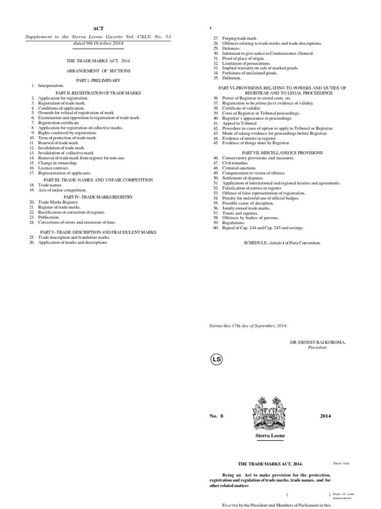 The Trade Marks Act, 2014 PDF Trademark Common Law