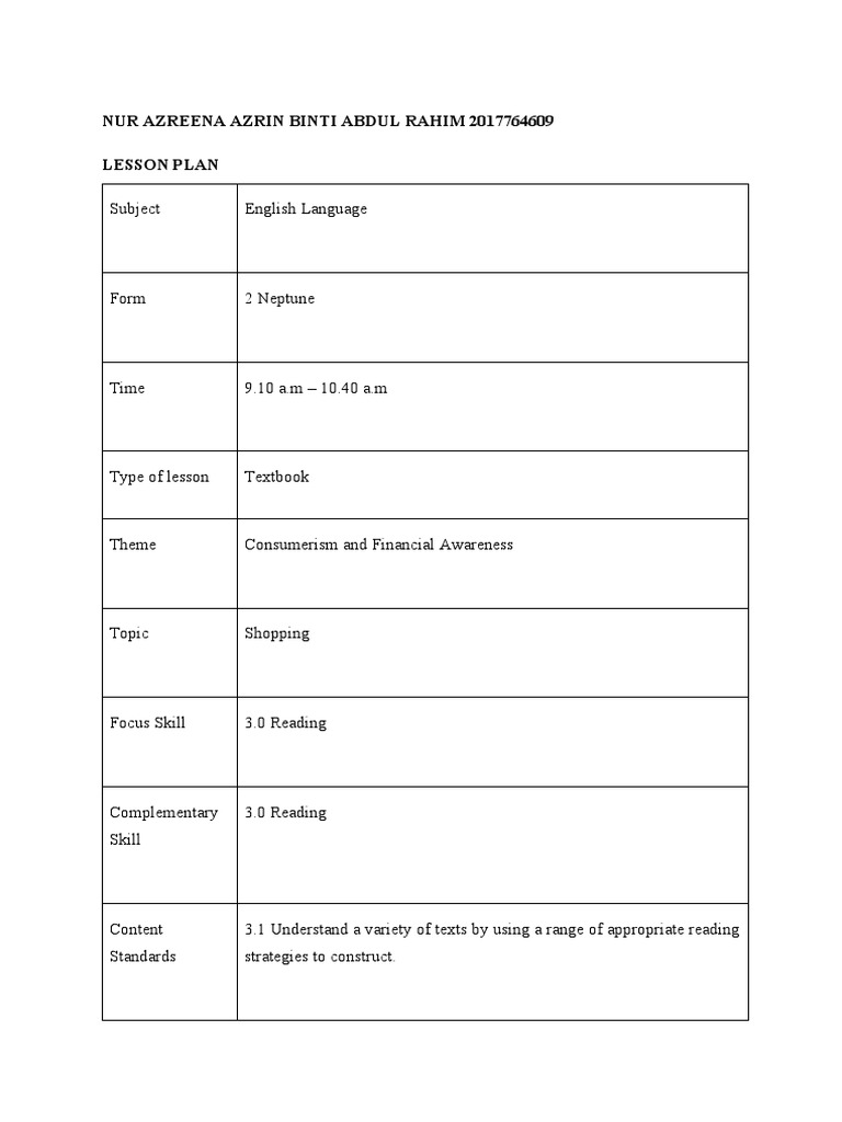 Financial Literacy: Shopping Lesson Plan | PDF | Reading Comprehension ...
