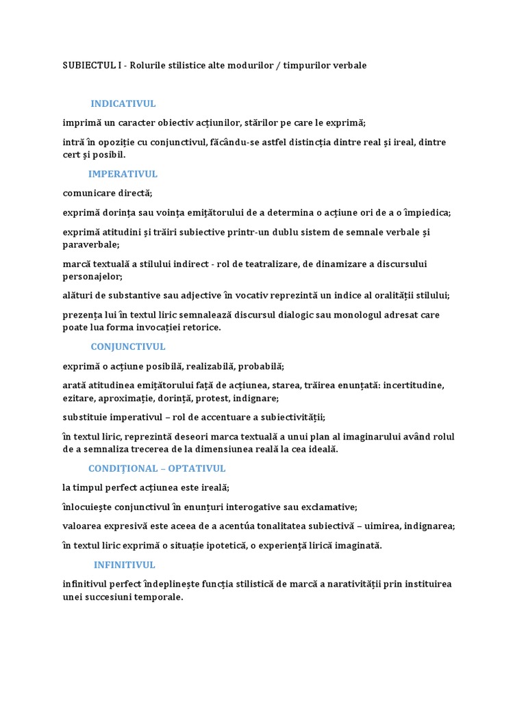 Rolul Stilistic-Modurile - Verbelor | PDF