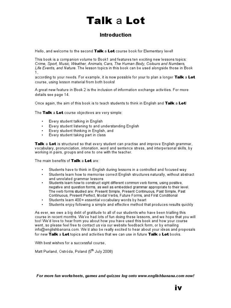 Talk A Lot 2 Introduction PDF English Grammar English Language