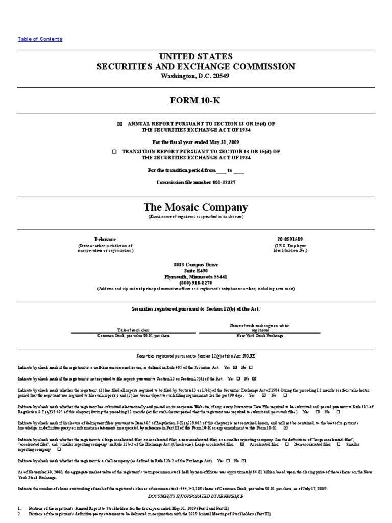 Mosaic K-10 | PDF | Form 10 K | Mining