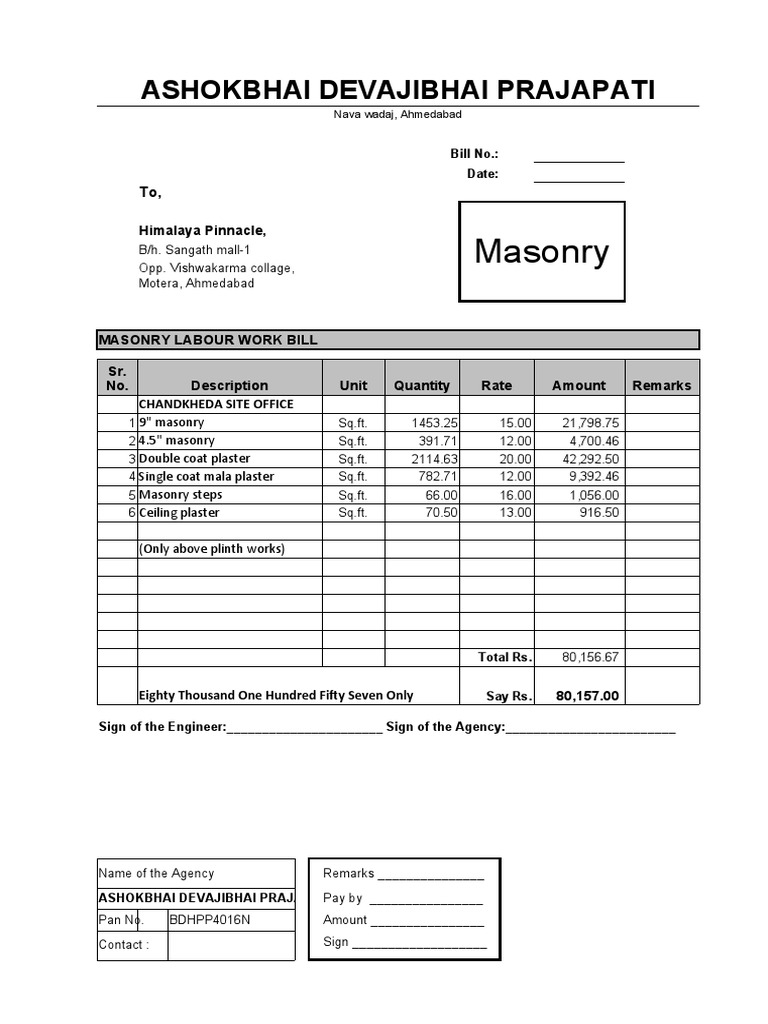 Masonry Bill For Office | PDF | Building Materials | Architectural Elements