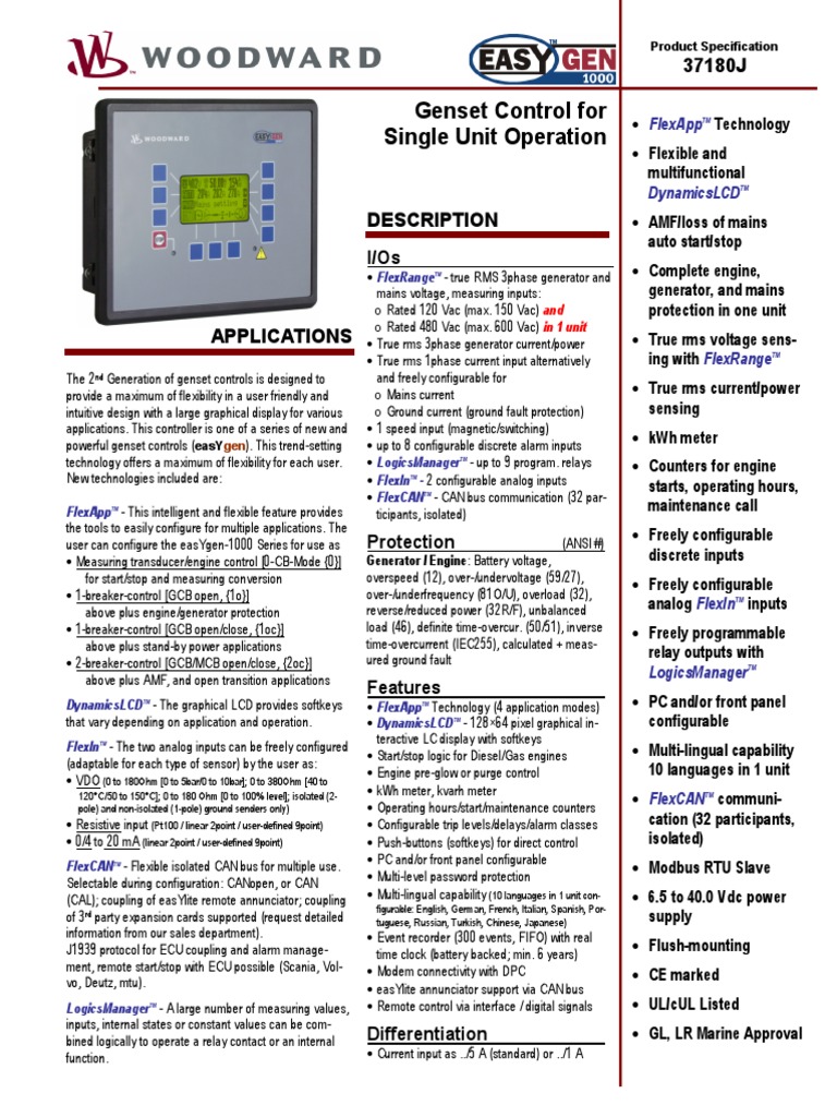 Easygen 1500 Prod Spec 37180 PDF | PDF | Relay | Electric Generator
