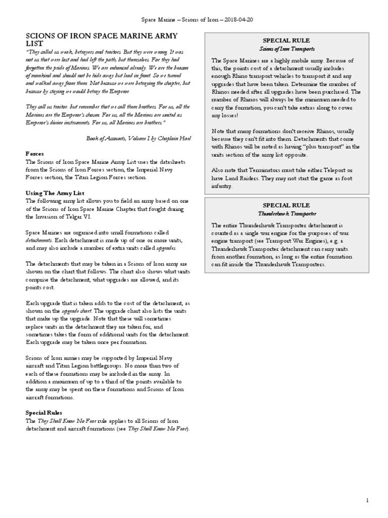 Scions of Iron Space Marine Army List: Special Rule | PDF | Warfare ...