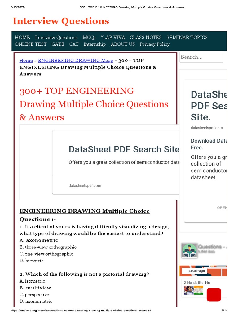 300+ TOP ENGINEERING Drawing Multiple Choice Questions & Answers PDF Perspective (Graphical