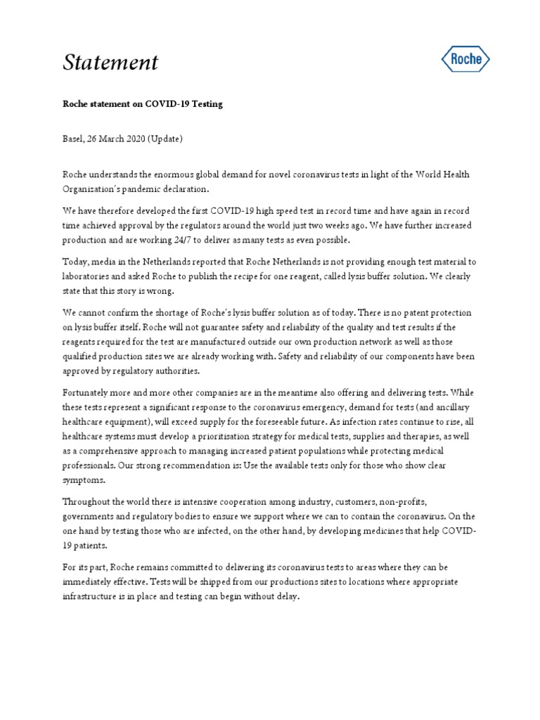 Statement: Roche Statement On COVID-19 Testing | PDF | Reliability ...