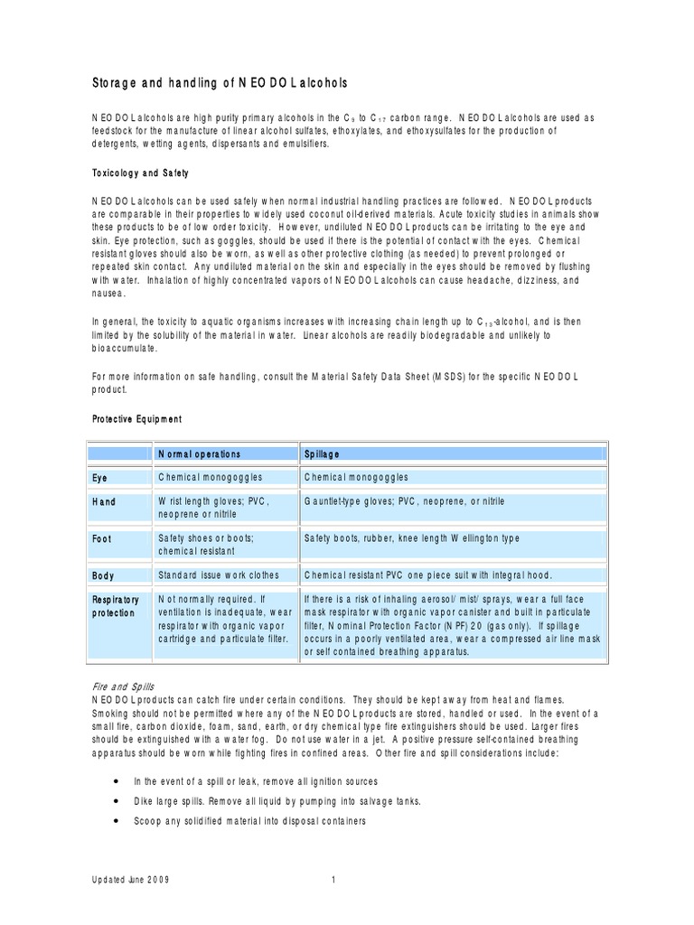 NEODOL Alcohols: Storage & Safety Guidelines | PDF | Water Heating ...