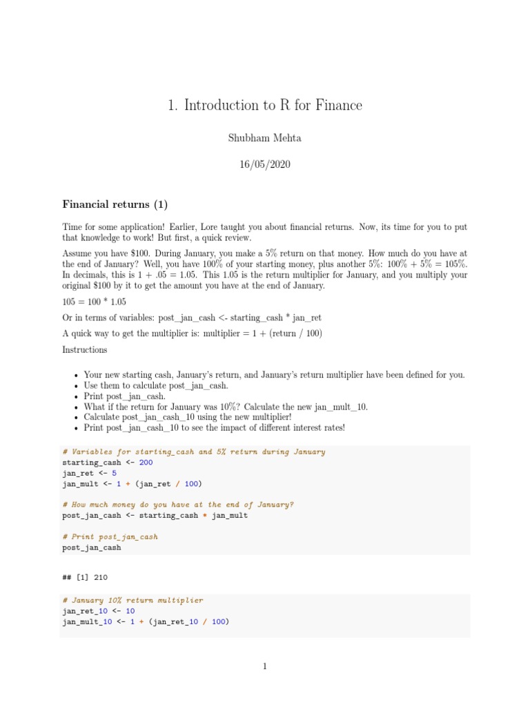 R for Financial Return Calculations | PDF | Multiplication | Boolean ...