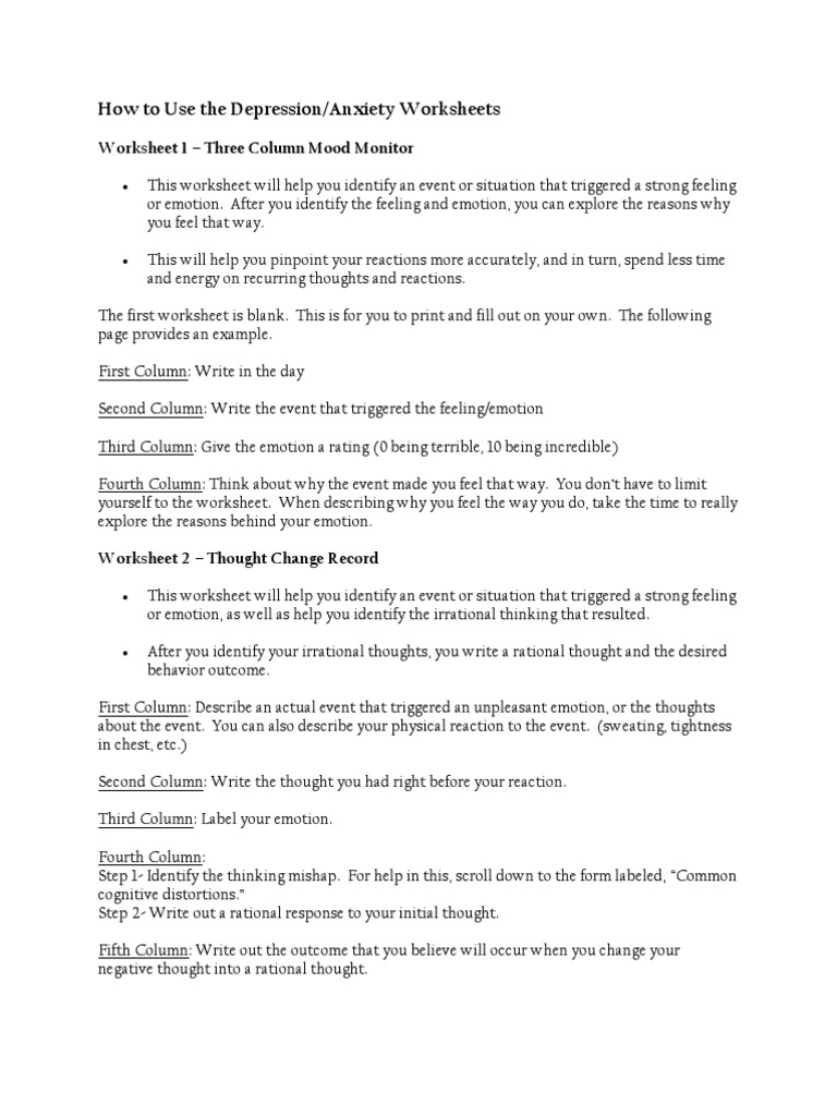 Thoughts and Mood Worksheets | Self-Improvement | Emotions