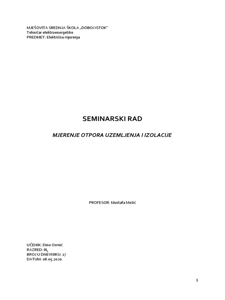 Seminarski Mjerenje Otpora Uzemljenja I Izolacije PDF