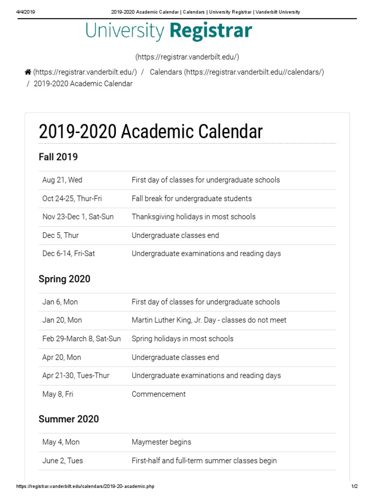 2019-2020 Academic Calendar - Calendars - University Registrar - Vanderbilt University | PDF | Academic Term | Educational Organizations
