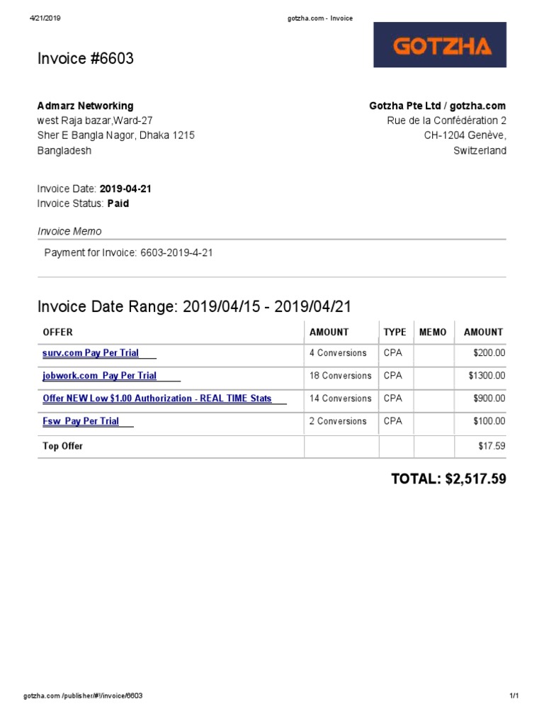 Gotzha Invoice #6603 Summary | PDF | Finance & Money Management