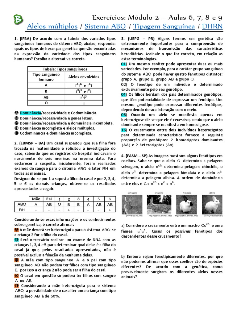 Exercícios de Genética: Sistema ABO e Tipagem Sanguínea | PDF ...